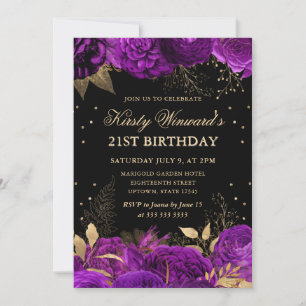 Purple and Gold Roses Border Floral 21st Birthday Invitation