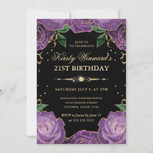 Purple and Gold Roses Floral 21st Birthday Invitation