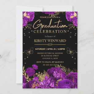Purple and Gold Roses Floral Graduation Invitation