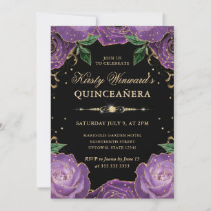 Purple and Gold Roses Floral Quinceanera Invitation
