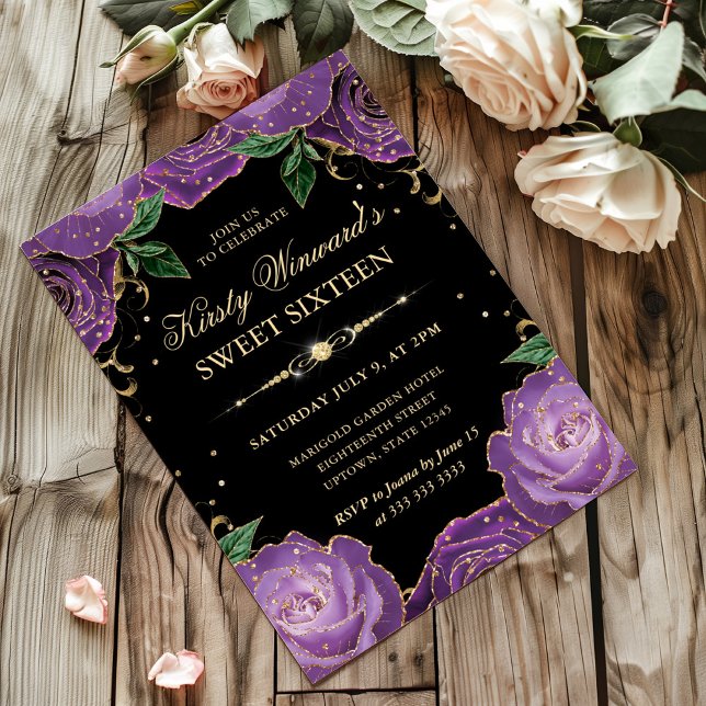 Purple and Gold Roses Floral Sweet Sixteen Invitation (Creator Uploaded)