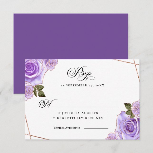 Purple and Gold Roses Glitter Wedding RSVP Invitation (Front/Back)
