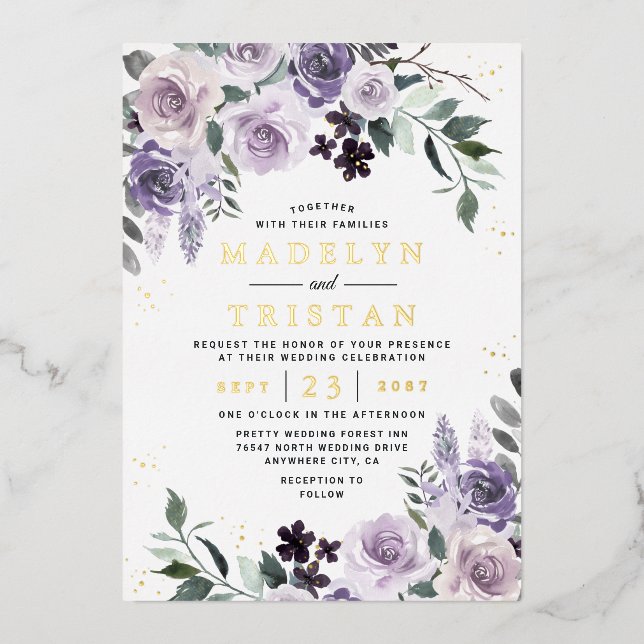 Purple and Gold Rustic Dusty Rose Floral Wedding  (Front)