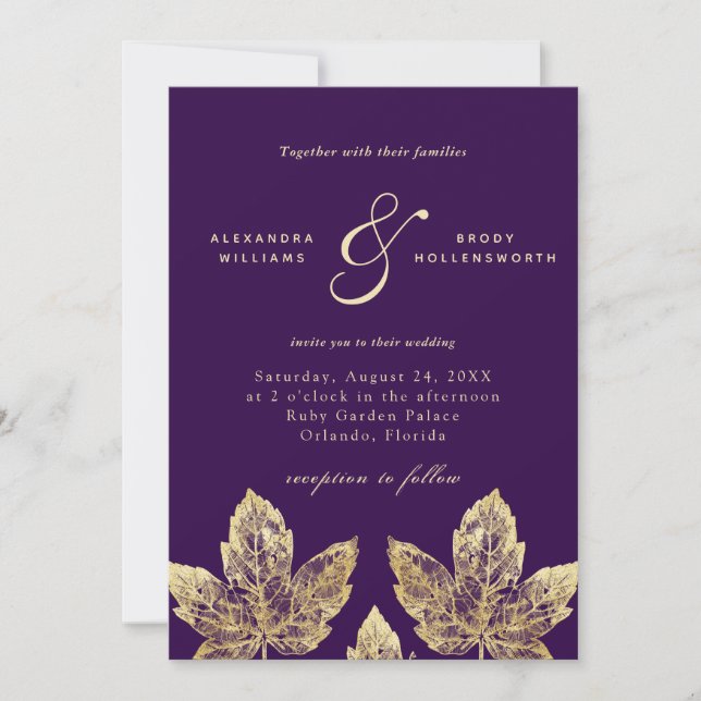 Purple and Gold Rustic Gold Foil Leaves Wedding  Invitation (Front)