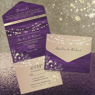 Purple and Gold Rustic String Lights Wedding All In One Invitation