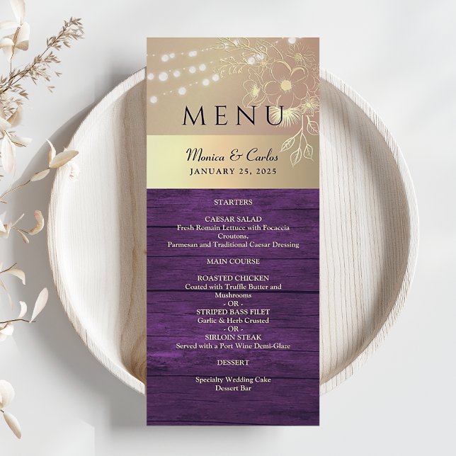 Purple and Gold Rustic Wedding Menu (Creator Uploaded)