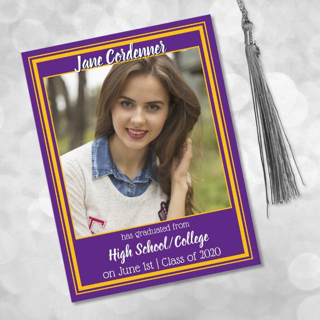 Purple and Gold School Colours Photo Graduation Announcement Postcard (Creator Uploaded)