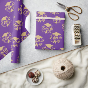 Purple and Gold script I did it Graduation Wrapping Paper