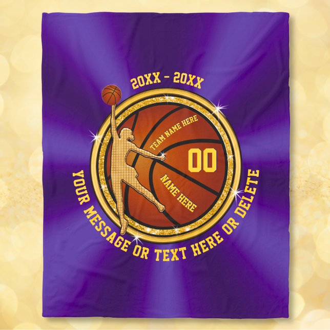 Purple and Gold Senior Gift Ideas for Basketball Fleece Blanket (Personalized Basketball Blankets. Purple and Gold,  Christmas Gifts for Basketball Players. Blanket.)
