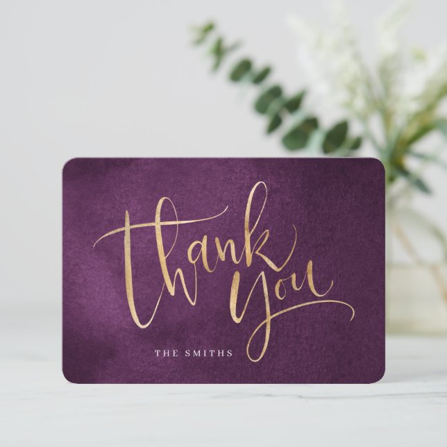 purple and gold simple modern Calligraphy Thank You Card (Standing Front)