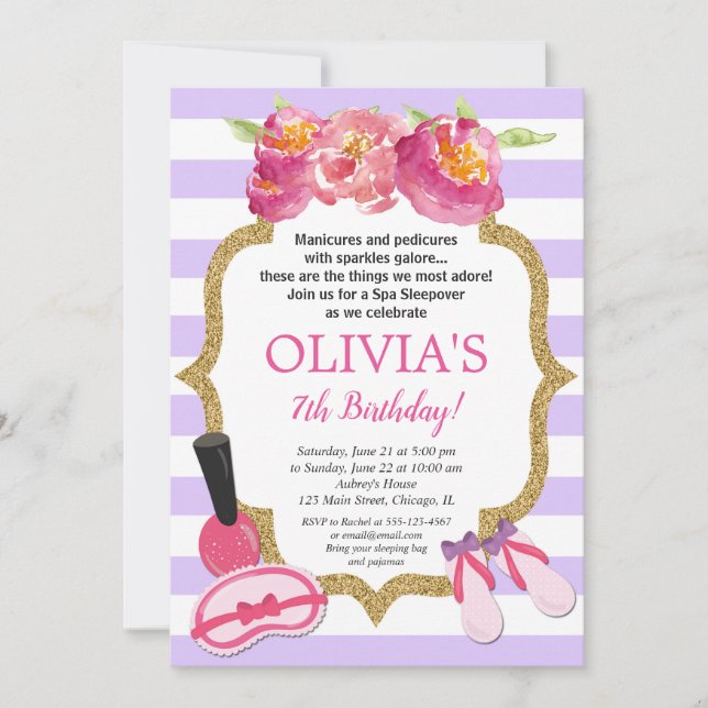 Purple and gold Spa Sleepover Birthday party Invitation (Front)