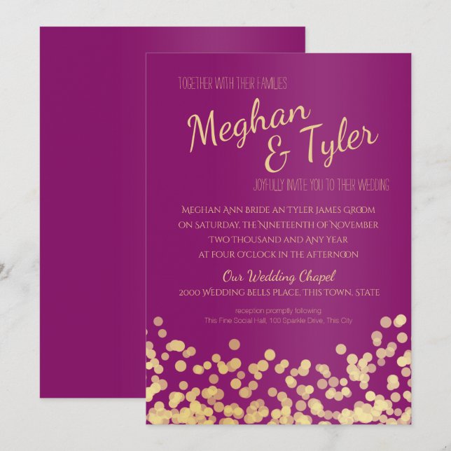 Purple and Gold Sparkle Wedding Invitation (Front/Back)