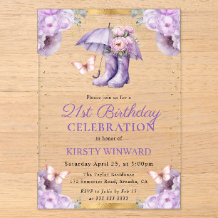 Purple and Gold Spring Umbrella 21st Birthday Acrylic Invitations