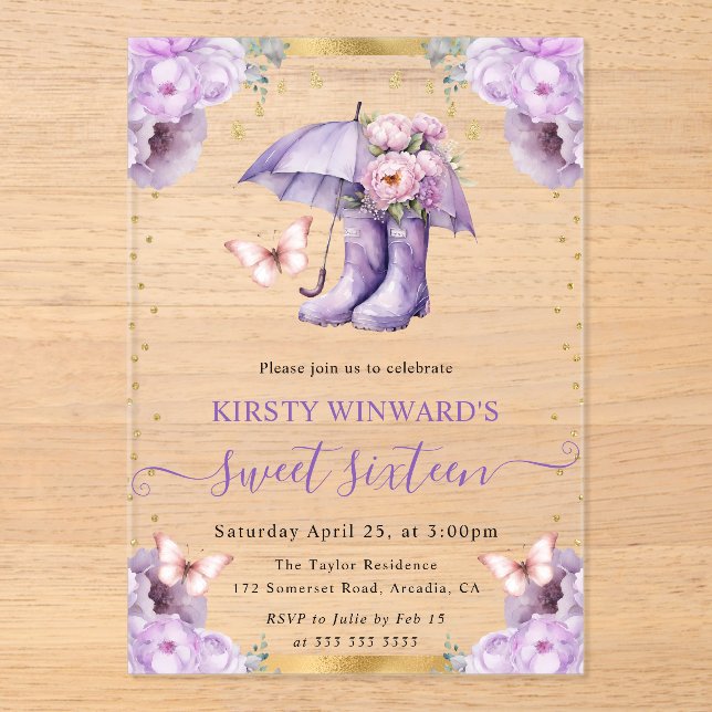 Purple and Gold Spring Umbrella Sweet 16 Acrylic Invitations (Front)