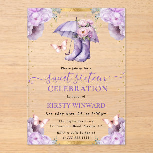 Purple and Gold Spring Umbrella Sweet 16 Acrylic Invitations
