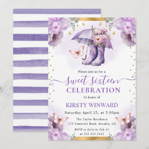 Purple and Gold Spring Umbrella Sweet 16 Invitation
