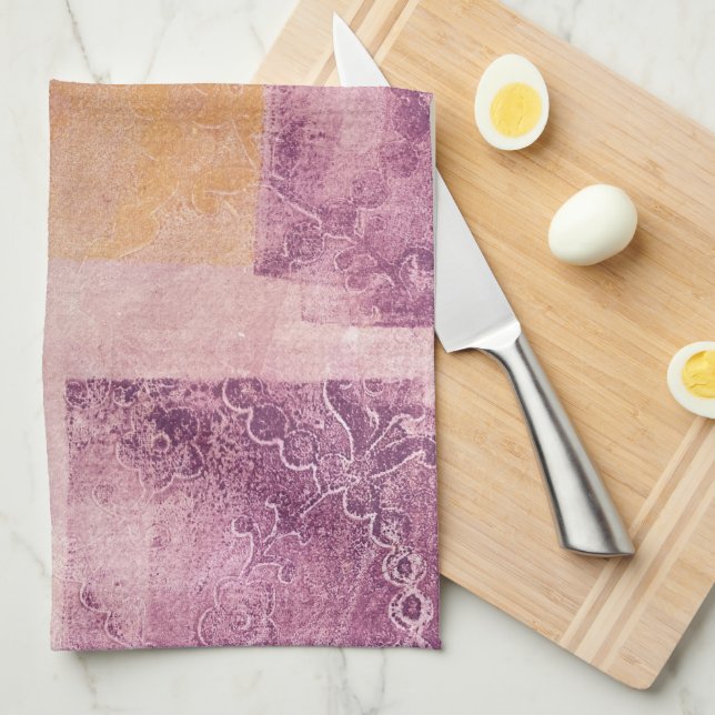 Purple and Gold Square Gel Print Tea Towel (Quarter Fold)