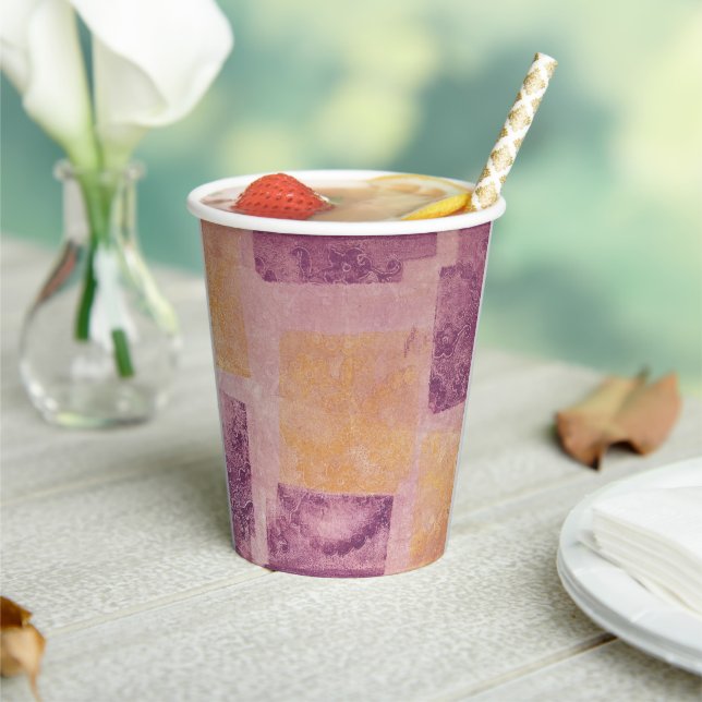 Purple and Gold Square Pattern Paper cup (Insitu)