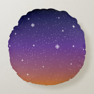 Purple and Gold Starry Sunset Sky Round Cushion