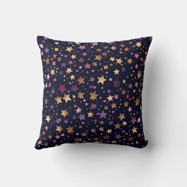 Purple and Gold Stars on Midnight Throw Pillow (Back)