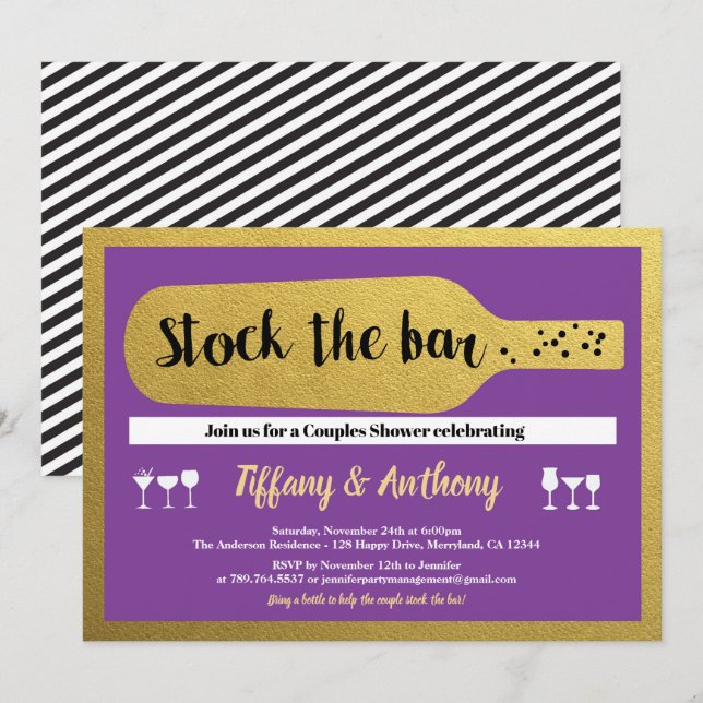 Purple and gold stock the bar invitation glam (Front/Back)