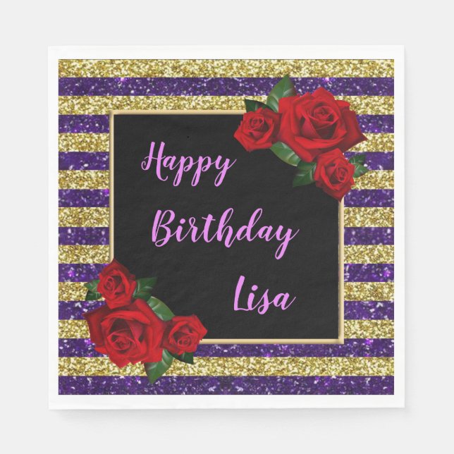 Purple And Gold Stripes Glitter Red Roses Birthday Napkin (Front)