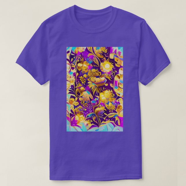 Purple and Gold Summer Floral Seamless Pattern 9 T-Shirt (Design Front)