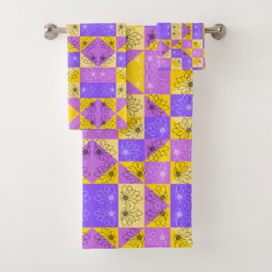 Purple and gold summer floral seamless pattern bath towel set