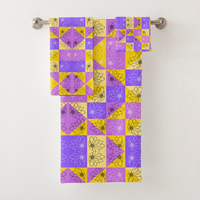 Purple and gold summer floral seamless pattern bath towel set (Insitu)