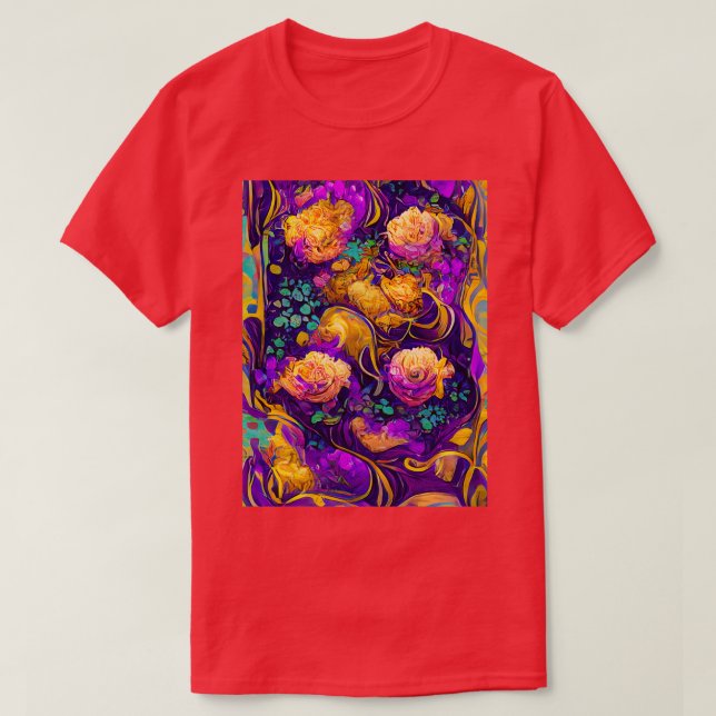 Purple and Gold Summer Floral Seamless Pattern T-Shirt (Design Front)