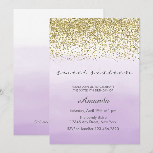 Purple and Gold Sweet 16 Birthday Invitation (Front/Back)