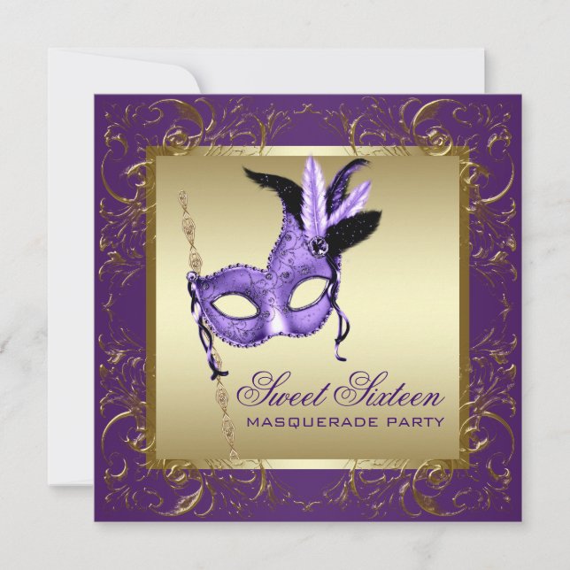 Purple and Gold Sweet Sixteen Masquerade Party Invitation (Front)