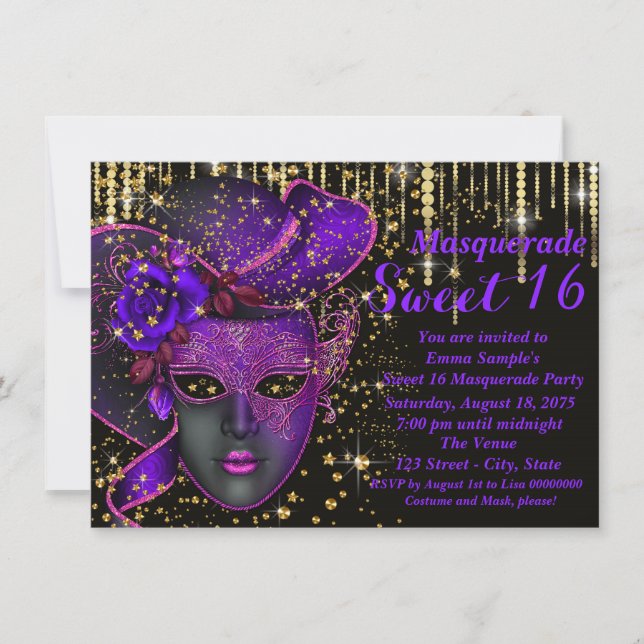 Purple and Gold Sweet Sixteen Masquerade Party Invitation (Front)