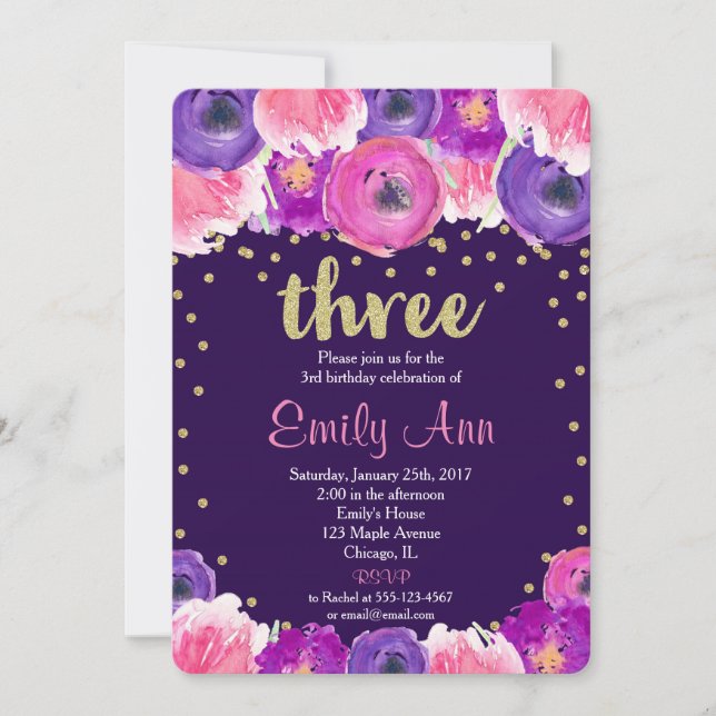 purple and gold third 3rd birthday invitation (Front)