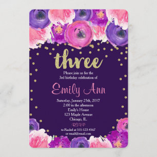 purple and gold third 3rd birthday invitation