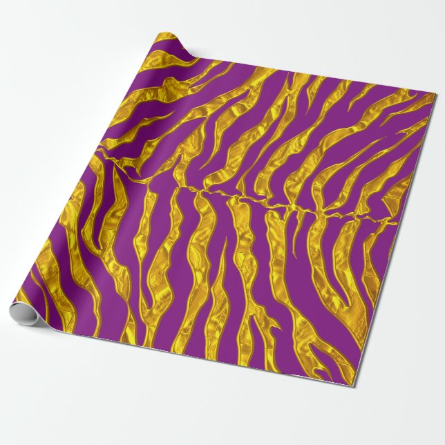 Purple And Gold Tiger Stripes Animal Print Wrapping Paper (Unrolled)