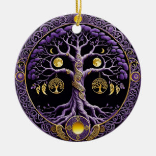 Purple and Gold Tree of Life Mandala Ceramic Tree Decoration