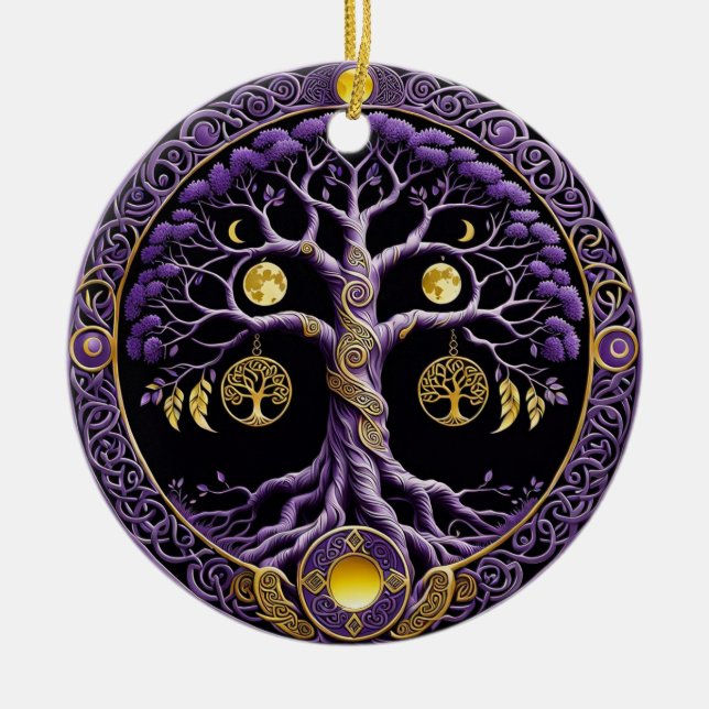 Purple and Gold Tree of Life Mandala Ceramic Tree Decoration (Front)