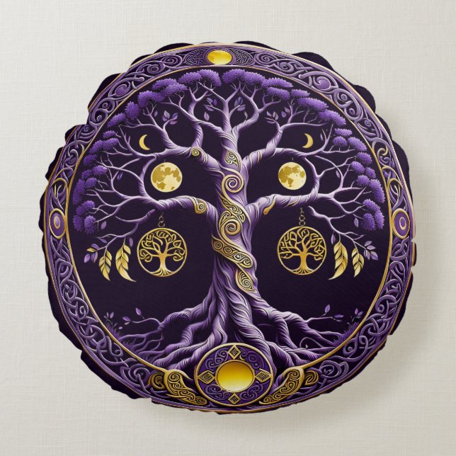 Purple and Gold Tree of Life Mandala Round Cushion (Front)