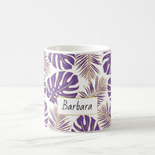 Purple and gold tropical leaves and name coffee mug