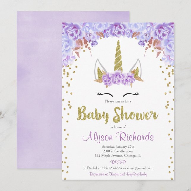 Purple and gold unicorn girl baby shower invitation (Front/Back)