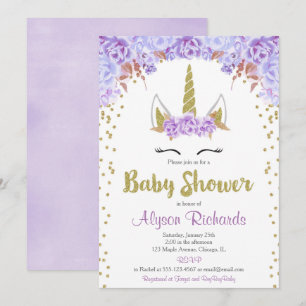 Purple and gold unicorn girl baby shower invitation