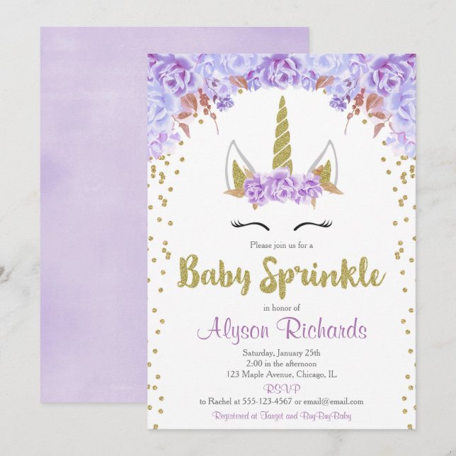 Purple and gold unicorn girl baby sprinkle invitation (Front/Back)