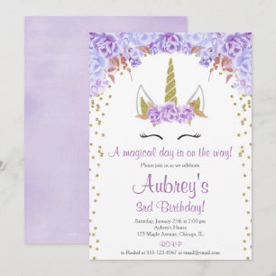Purple and gold unicorn girl birthday party invitation