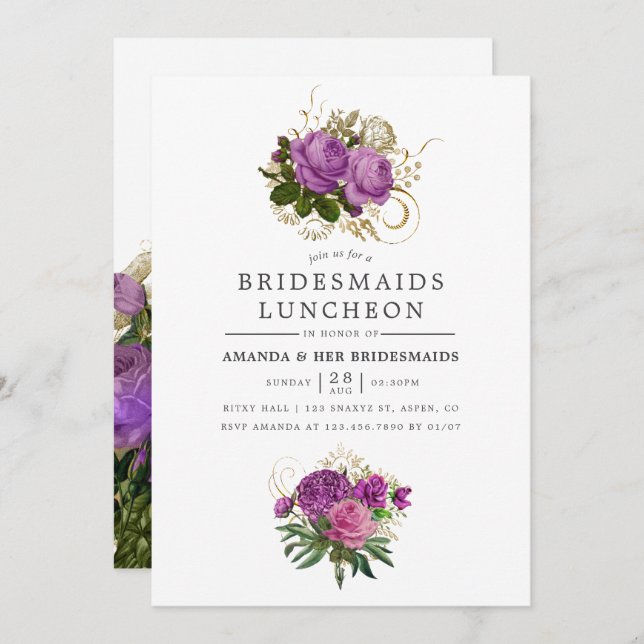 Purple and Gold Vintage Chic Bridesmaids Luncheon Invitation (Front/Back)
