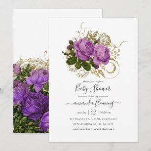 Purple and Gold Vintage Chic Floral Baby Shower Invitation