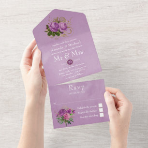 Purple and Gold Vintage Chic Floral Wedding All In One Invitation