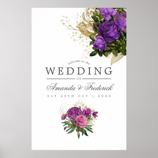 Purple and Gold Vintage Chic Wedding Welcome Poster (Front)