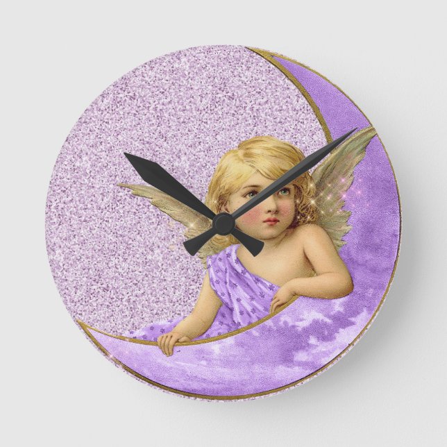 Purple and Gold Vintage Crescent Moon Angel Clock (Front)