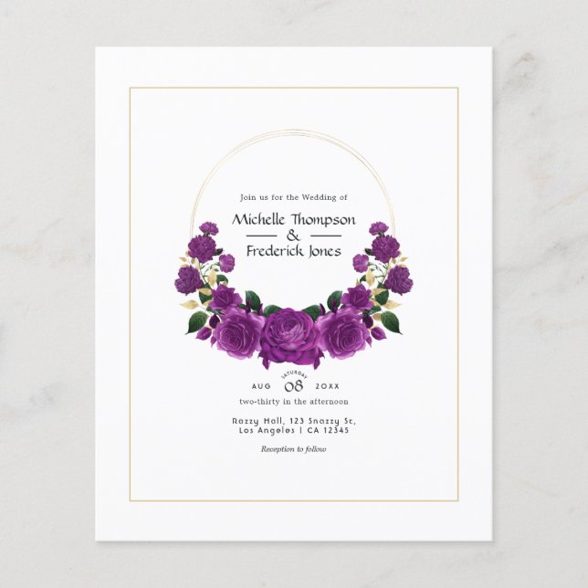 Purple and Gold Vintage Floral Wedding Flyer (Front)